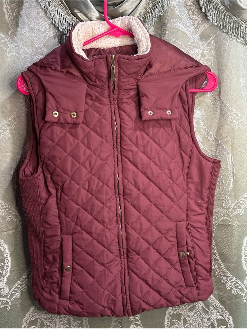 Active USA Quilted Maroon Vest with Sherpa Collar